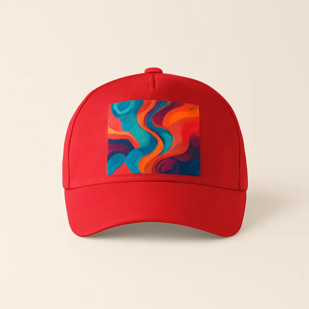 sapca-rosie-personalizata-cu-poza Șapcă roșie personalizată cu imprimeu abstract multicolor – vedere frontală, culori vibrante pe fundal roșu intens, personalizare premium prin transfer termic