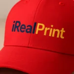 Șapcă roșie personalizată cu nume – prim-plan logo iRealPrint, text albastru și auriu, contrast premium pe fundal intens