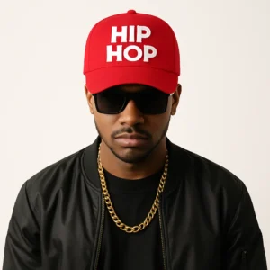 Șapcă roșie personalizată cu imprimeu HIP HOP – model urban purtat de bărbat, design alb contrastant pe fundal roșu, stil streetwear premium