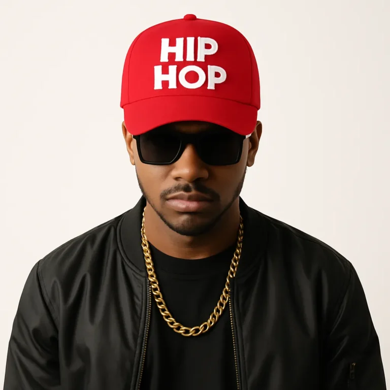 Șapcă roșie personalizată cu imprimeu HIP HOP – model urban purtat de bărbat, design alb contrastant pe fundal roșu, stil streetwear premium