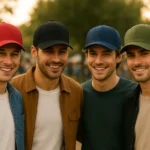 Șapcă roșie personalizată cu nume – purtată în grup, model unisex, ideală pentru echipe, evenimente și cadouri personalizate