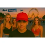 Șapcă personalizată roșie iRealPrint purtată la festival, fundal cu roată panoramică și bannere avioane – produs premium pentru branding vizibil și evenimente