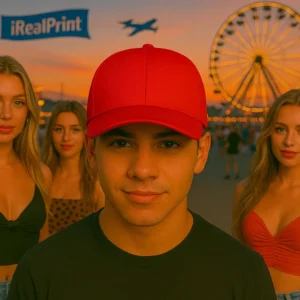 Șapcă roșie personalizată cu nume – model vibrant, fundal festival, ideală pentru stil tineresc și branding vizibil