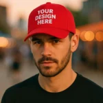 Șapcă roșie personalizată cu nume – model bărbătesc, text vizibil, perfectă pentru cadouri și branding personal