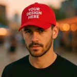 Șapcă personalizată roșie cu text alb, model masculin urban – produs premium iRealPrint pentru branding puternic și vizibilitate maximă