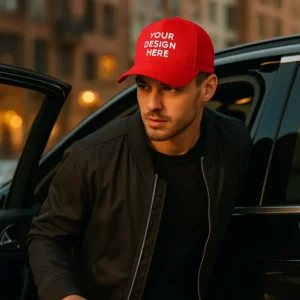 Șapcă personalizată roșie pentru bărbați – accesoriu premium iRealPrint, fundal roșu aprins cu personalizare albă, stil urban modern