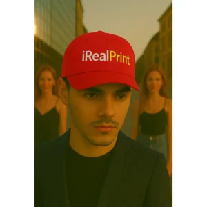 Șapcă personalizată roșie iRealPrint – model premium cu logo alb și galben, fundal urban elegant, accesoriu vizibil pentru branding puternic