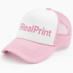 Șapcă roz inscripționată – față albă personalizată iRealPrint, cozoroc roz deschis și plasă laterală roz