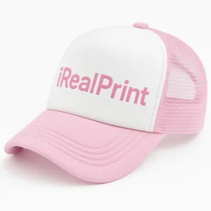 Șapcă roz inscripționată – față albă personalizată iRealPrint, cozoroc roz deschis și plasă laterală roz