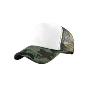 Șapcă pescar inscripționată – model trucker camuflaj verde militar, față albă pentru personalizare prin transfer termic