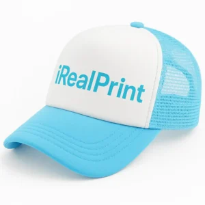 Șapcă turcoaz inscripționată – față albă personalizată iRealPrint, cozoroc și plasă laterală turcoaz fresh