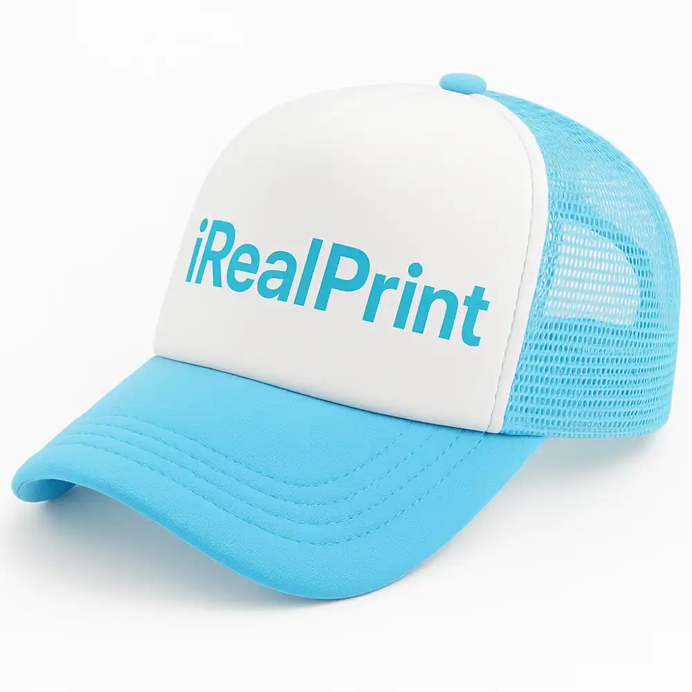 sapca-turcoaz-inscriptionata-dupa-orice-design Șapcă turcoaz inscripționată – față albă personalizată iRealPrint, cozoroc și plasă laterală turcoaz fresh