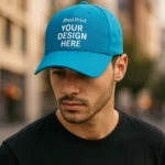 Șapcă turcoaz personalizată iRealPrint – model unisex, design premium, fundal vibrant pentru logo-uri și texte contrastante