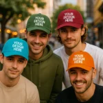 Șepci personalizate în culori turcoaz, verde, vișiniu și portocaliu – design unitar, ideal pentru echipe și branding vizibil