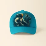 Șapcă turcoaz personalizată cu design astronaut și câine – imprimare foto clară, stil creativ și aspect modern