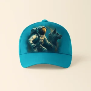 Șapcă turcoaz personalizată cu design astronaut și câine – imprimare foto clară, stil creativ și aspect modern