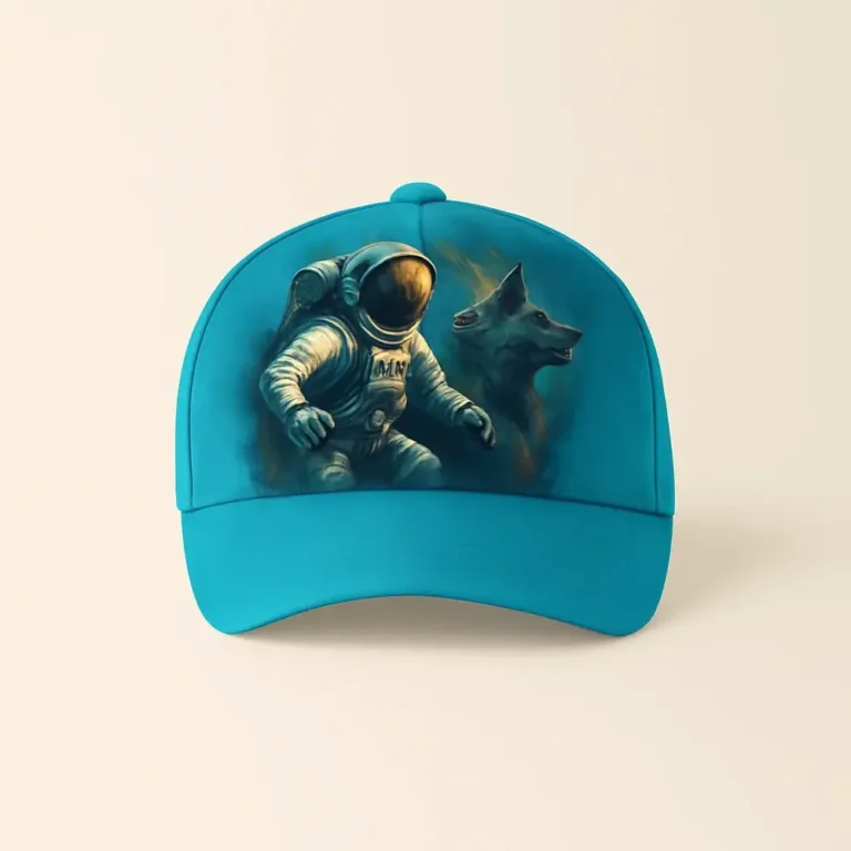 Șapcă turcoaz personalizată cu design astronaut și câine – imprimare foto clară, stil creativ și aspect modern