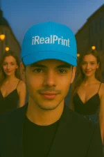 Șapcă personalizată turcoaz iRealPrint – design premium, fundal vibrant pentru branding exclusivist