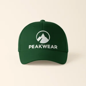 Șapcă verde închis personalizată cu logo PEAKWEAR – imprimare clară prin transfer termic, branding outdoor și stil profesionist