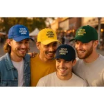 Șepci personalizate în diverse culori – verde închis, galben, albastru, navy – purtate de grup de prieteni