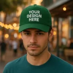 Șapcă verde închis personalizată purtată de bărbat, design alb contrastant pentru branding elegant