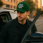 Șapcă personalizată verde închis pentru bărbați, purtată cu jachetă neagră, ideală pentru branding profesional și casual urban