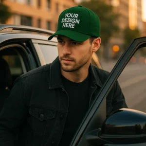 Șapcă personalizată verde închis pentru bărbați, purtată cu jachetă neagră, ideală pentru branding profesional și casual urban