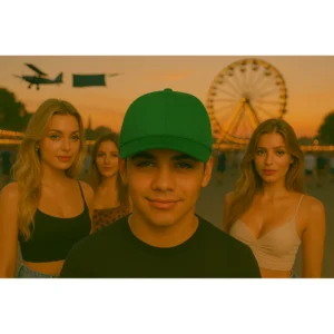 Șapcă personalizată verde închis purtată la festival, fundal cu roată panoramică și atmosferă vibrantă de seară