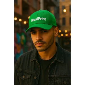 Șapcă verde personalizată iRealPrint purtată de bărbat într-un cadru urban, design clar și contrast puternic pentru branding
