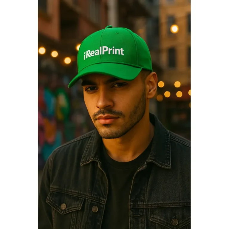 Șapcă verde personalizată iRealPrint purtată de bărbat într-un cadru urban, design clar și contrast puternic pentru branding