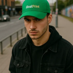 Șapcă verde personalizată cu nume iRealPrint – model masculin, fundal urban, text alb și auriu pe material verde intens