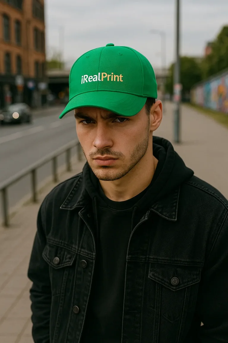 Șapcă verde personalizată cu nume iRealPrint – model masculin, fundal urban, text alb și auriu pe material verde intens