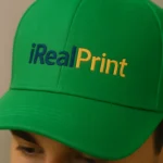 Șapcă verde personalizată cu nume iRealPrint prin transfer termic – text albastru și galben pe fundal verde intens