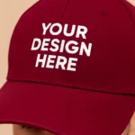 Șapcă vișinie personalizată – prim-plan cu text alb aplicat, cusături vizibile și material textil de calitate