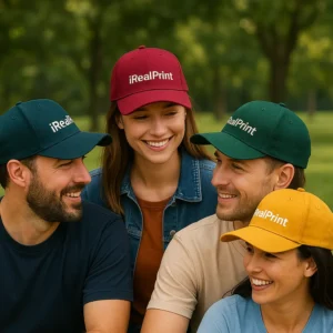 Șapcă vișinie personalizată cu nume – model premium purtat în grup, fundal natural, contrast clar și design elegant iRealPrint