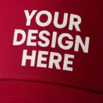 Șapcă vișinie personalizată – detaliu prim-plan, material textil fin, text alb clar aplicat prin transfer termic