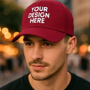 Șapcă vișinie personalizată – fundal intens, text alb vizibil, accesoriu premium pentru branding sau cadou