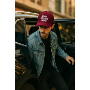 Șapcă vișinie personalizată – model urban, personalizare clară, accesoriu ideal pentru outfituri moderne și branding distinct