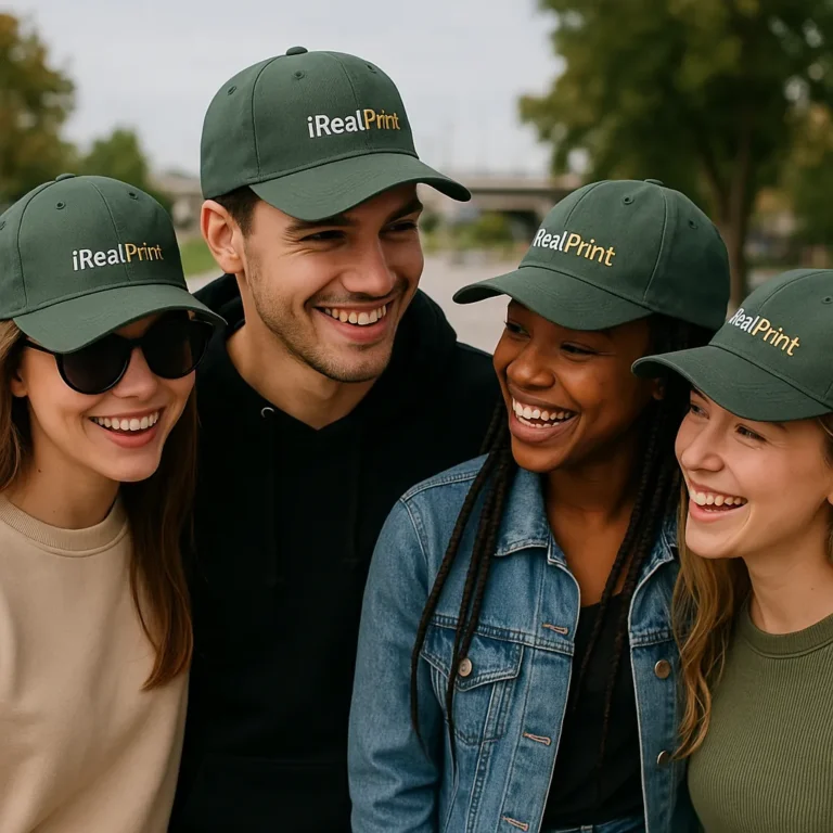 Șepci gri închis personalizate cu nume – grup de prieteni purtând șepci iRealPrint cu imprimeu auriu, stil modern și elegant