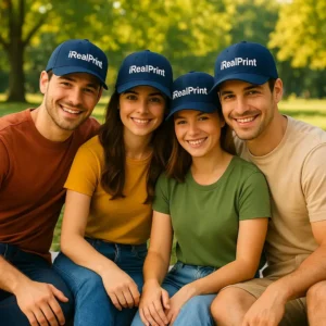 Șepci albastru navy personalizate cu nume purtate de grup – model unisex, ideal pentru echipe, uniforme și cadouri corporate