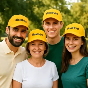 Șepci galbene personalizate cu nume purtate de un grup zâmbitor în aer liber – fundal luminos, vizibilitate maximă și identitate clară pentru echipe și evenimente