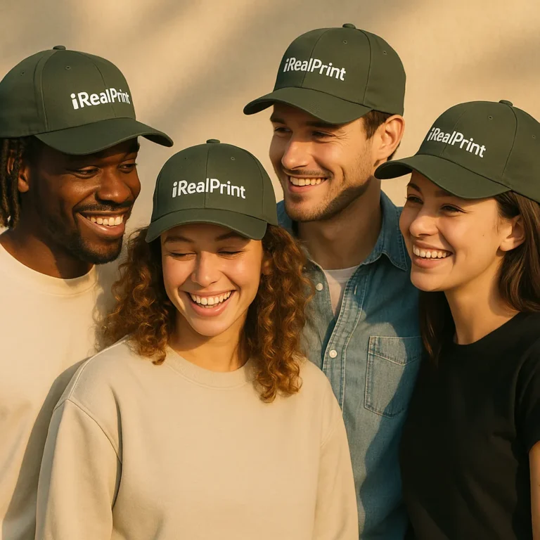 Șepci gri închis personalizate iRealPrint purtate de un grup de tineri – model unisex, stil urban, inscripționate cu logo vizibil
