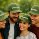 Șepci kaki personalizate cu nume, purtate de echipă outdoor – design unisex, fundal natural, text alb vizibil.