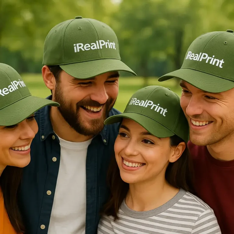 Șepci kaki personalizate cu nume, purtate de echipă outdoor – design unisex, fundal natural, text alb vizibil.