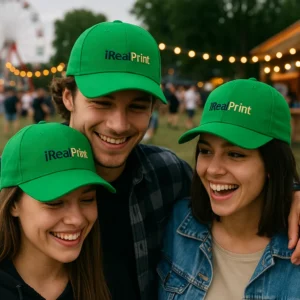 Șepci verzi personalizate cu nume iRealPrint – fundal natural, design clar și modern, ideale pentru echipe și evenimente outdoor