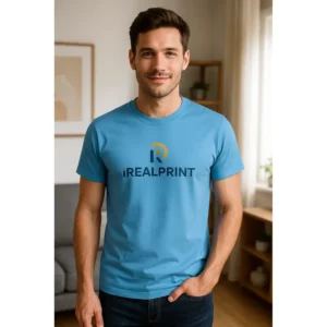 Tricou bărbați personalizat albastru azur cu logo iRealPrint – stil fresh, vizibilitate premium și impact vizual clar