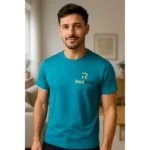 Tricou personalizat bărbați albastru petrol cu logo iRealPrint aplicat prin transfer termic, stil premium și design modern