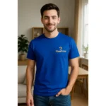 Tricou personalizat bărbați albastru regal cu logo iRealPrint aplicat prin transfer termic, stil premium și design modern
