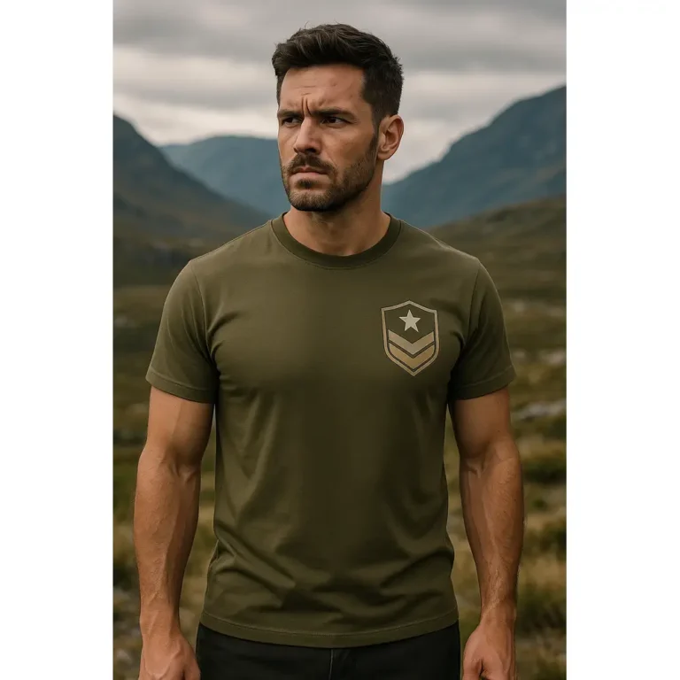 Tricou personalizat bărbați kaki cu emblemă militară pe piept, personalizare prin transfer termic, stil masculin puternic și autentic