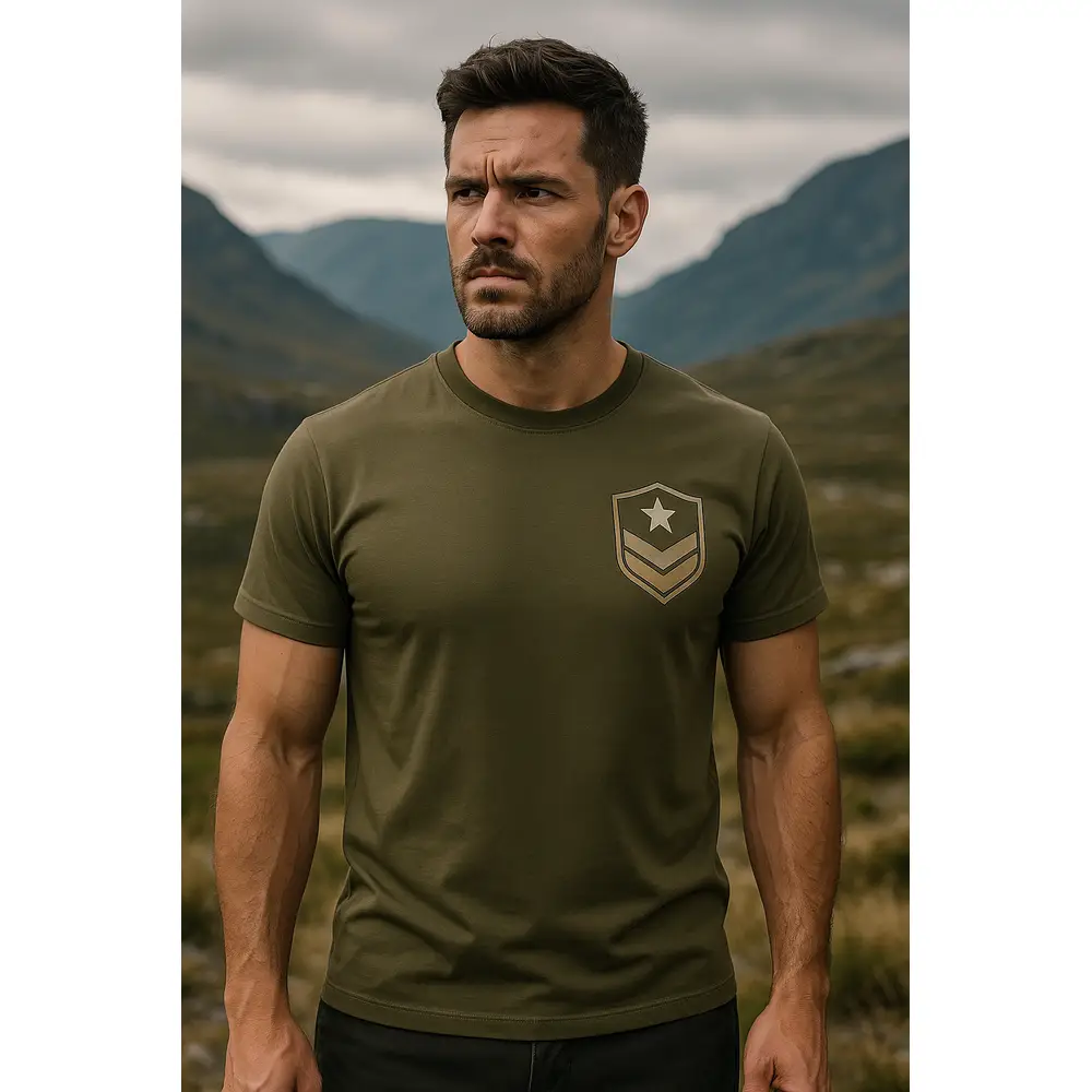tricou-army-personalizat-complex Tricou personalizat bărbați kaki cu emblemă militară pe piept, personalizare prin transfer termic, stil masculin puternic și autentic